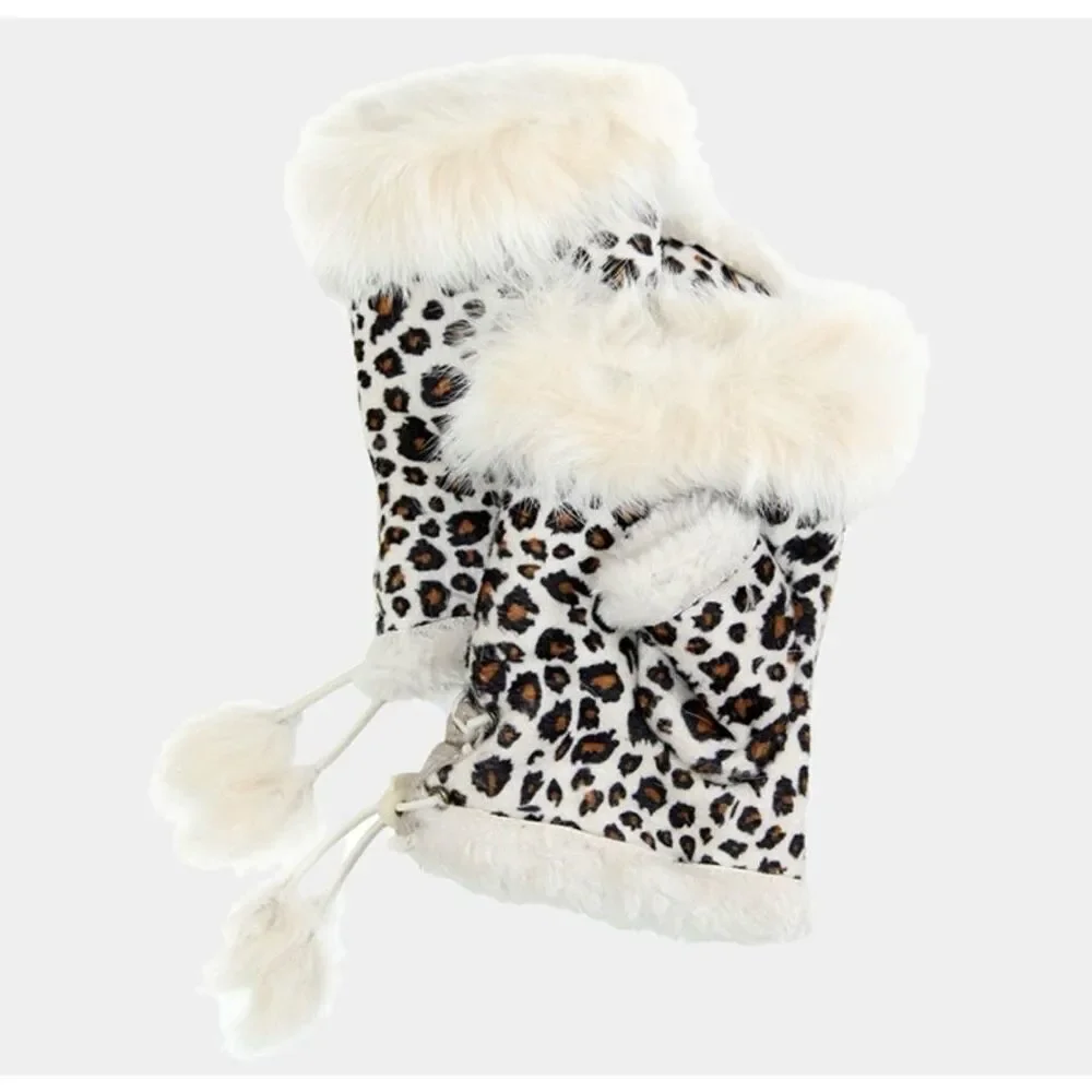 NWT Womens Boutique Leopard Animal Print Fingerless Lace Up Fur Trim Gloves